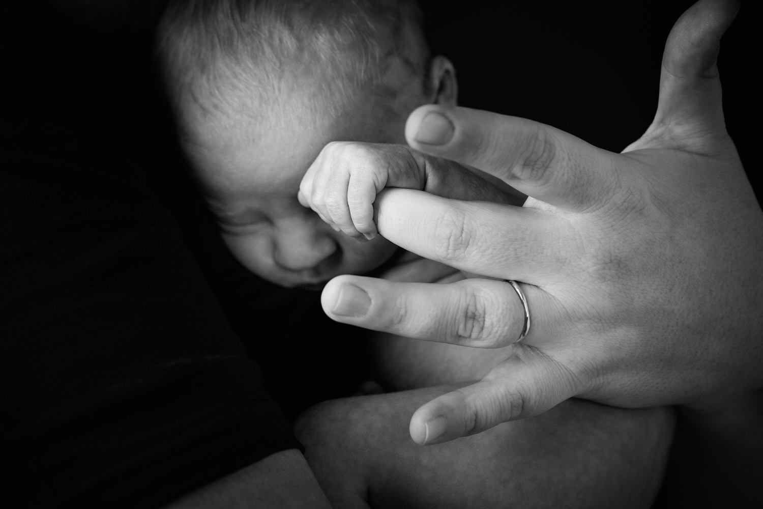 Newborn baby holding his dads hand during an indoor Calgary studio shoot